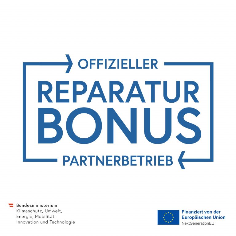 Logo des Reparaturbonus und Text, der bestätigt, dass TechLine ein offizieller Partner ist.